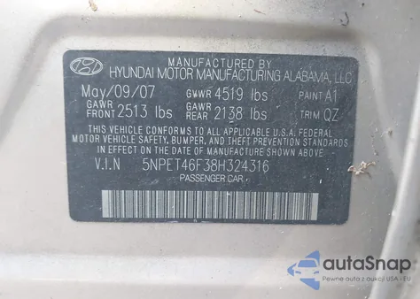 2008 Hyundai Sonata Gls V6 z USA, uszkodzony, nr VIN 5NPET46F38H324316